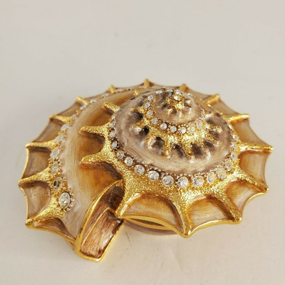Bejeweled Enamel Inlay Sea Shell Hinged Trinket Box Rhinestones Gold - Picture 9 of 10